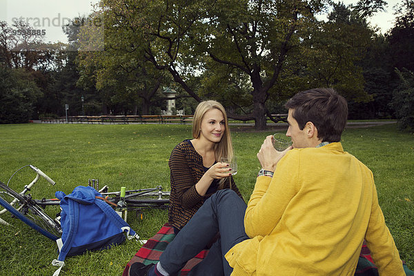 Junges Paar trinkt Wein auf Picknickdecke im Park