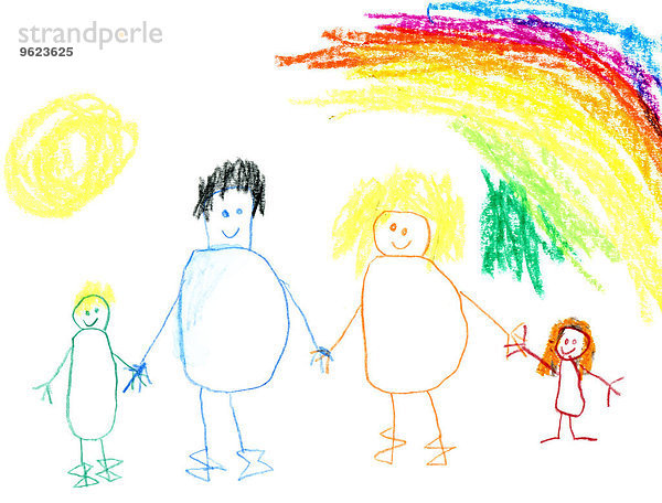 Kinderzeichnung einer glücklichen Familie beim Spaziergang unter dem Regenbogen