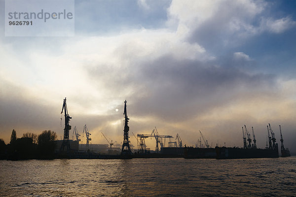 Deutschland  Hamburg  Hafenkrane an der Elbe am Abend