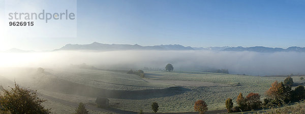 Deutschland  Oberbayern  Pfaffenwinkel  Herbstnebel bei Aidling  Panorama