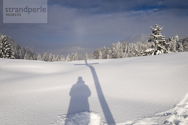 Deutschland  Bayern  Oberbayern  Mangfallgebirge  Hocheck bei Oberaudorf  Schatten des Gipfelkreuzes und Mensch im Schnee