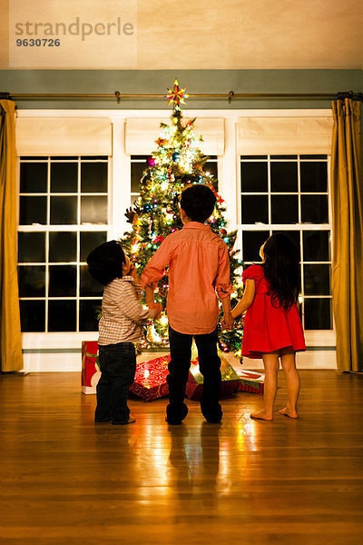 Rückansicht des Mädchens und zweier Brüder  die sich vor dem Weihnachtsbaum an den Händen halten.