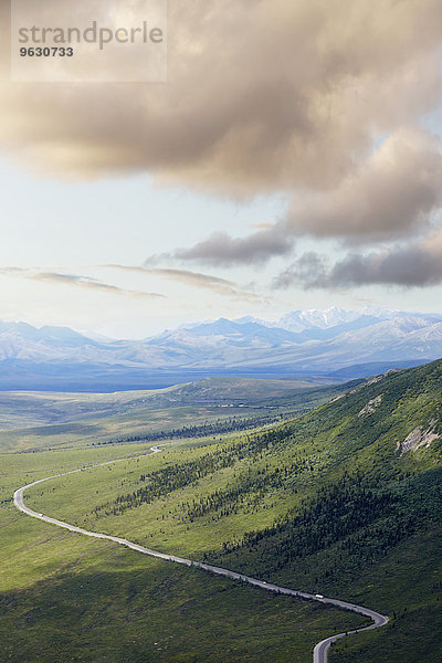Blick auf entfernte Autobahn und Berge  Denali Nationalpark  Alaska  USA