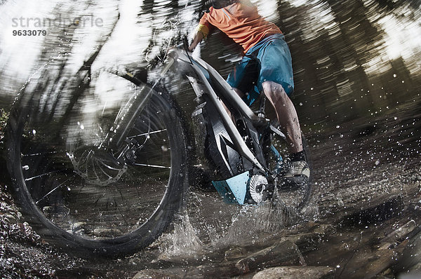 Low section of mountain biker crossing stream in a forest