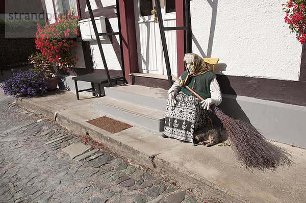 Typical harzer witch doll in front of old timber framed buildings