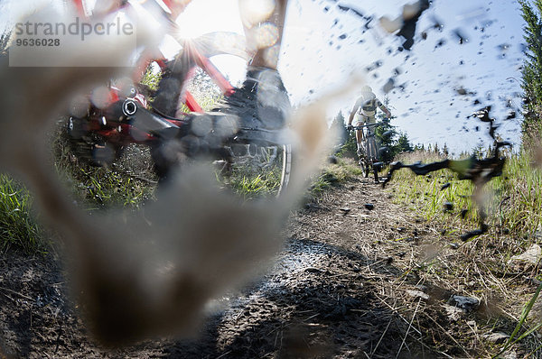 Mountain bikers riding through muddy puddle  Ore Mountains