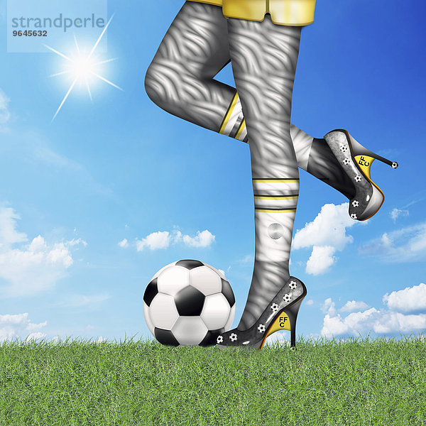 Frauenfußball  sexy Beine in Fußballeroutfit mit Fußball auf grünen Rasen  Illustration