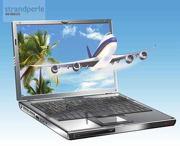 Laptop mit Passagierflugzeug  Reisebuchung online  Illustration