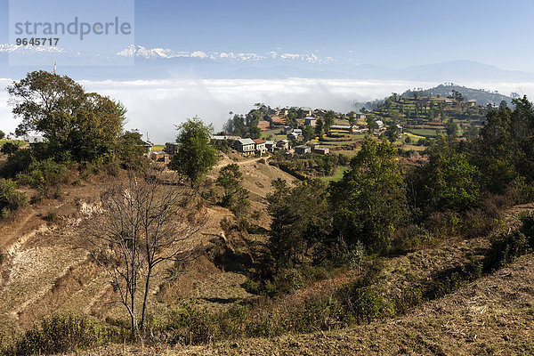 Ausblick auf Landschaft  ländliche Häuser  Terrassenfelder und Berge des Himalaya  Nebel liegt im Tal  bei Dhulikel  Nepal  Asien