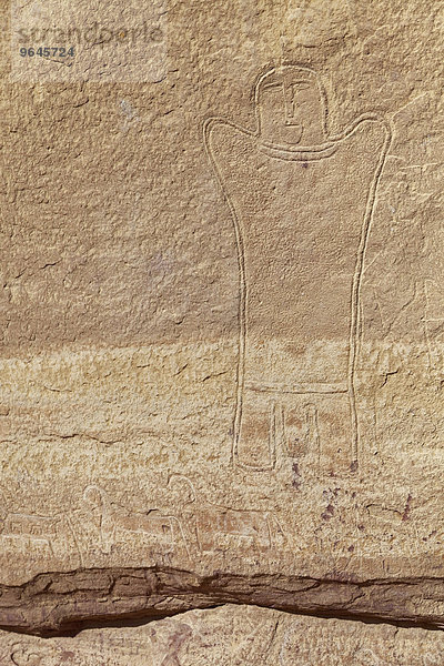 Prähistorische Felsenzeichnung  Mann mit Penis  Wüste  Wadi Rum  Jordanien  Asien