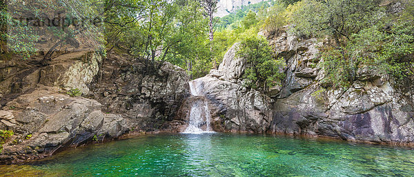 Oberer Flusslauf der Solenzara  große Gumpe mit Wasserfall im Wald  Korsika  Frankreich  Europa