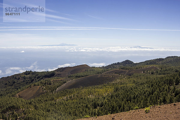 'Vulkanlandschaft an der ''Ruta de los Volcanes''  dahinter Insel Teneriffa mit Teide und Insel El Hierro  Naturpark Cumbre Vieja  La Palma  Kanarische Inseln  Spanien  Europa'