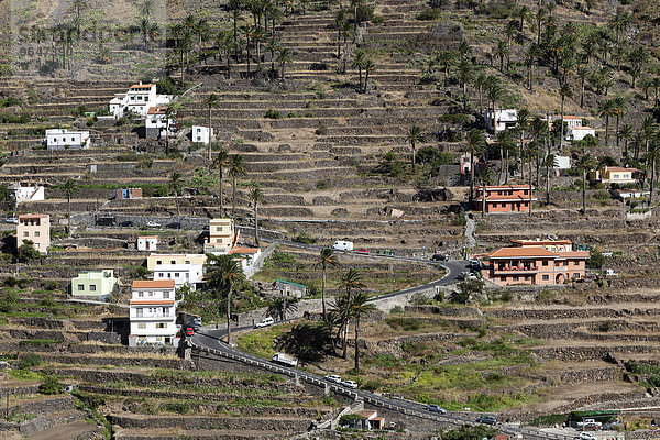 Ausblick vom Mirador Cesar Manrique auf Terrassenfelder und Häuser von Hornillo  Valle Gran Rey  La Gomera  Kanarische Inseln  Spanien  Europa