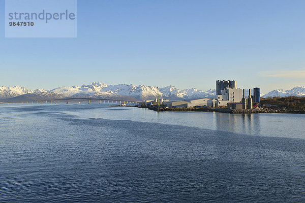 Industrieanlage am blauen Langøysund  hinten die schneebedeckten Gipfel von Hinnøya  Stokmarknes  Nordland  Vesterålen  Norwegen  Europa