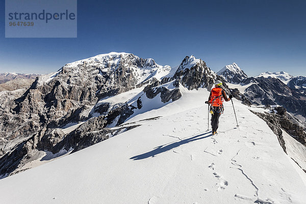 Bergsteiger auf dem Trafoierjoch am Stilfser Joch  hinten der Ortler  Thurwieser  die Königspitze und der Monte Cevedale  Trafoiertal  Ortlergruppe  Ortlergebiet  Nationalpark Stilfser Joch  Südtirol  Trentino-Südtirol  Italien  Europa