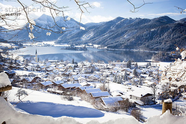 Ausblick auf Schliersee im Winter  hinten die Brecherspitze  Schliersee  Oberbayern  Bayern  Deutschland  Europa