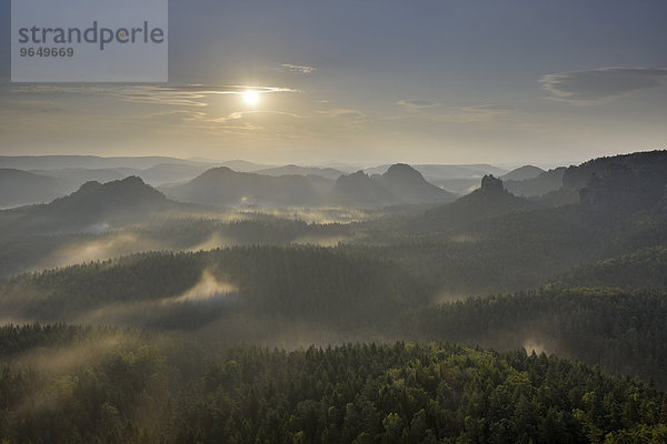 Nebelschwaden zum Sonnenaufgang  Morgenstimmung im Elbsandsteingebirge  Sächsische Schweiz  Sachsen  Deutschland  Europa