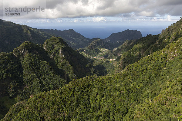 Ausblick von Ribero Frio zur Nordküste  hinten Faial und Penha de Águia oder Adlerfelsen  Madeira  Portugal  Europa