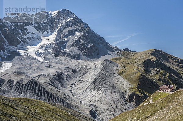 Ortler von Südosten mit Gletscher Suldenferner  rechts Schaubachhütte  2583 m  Sulden  Trentino-Südtirol  Italien  Europa