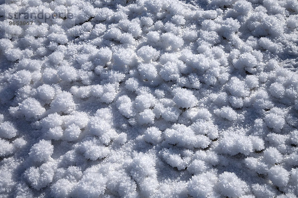 Eiskristalle auf verschneiter Wiese