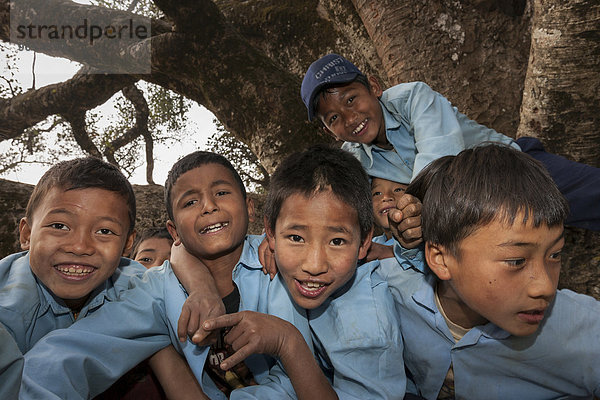 Nepalesische Schüler in Schuluniform posieren auf einem Baumstamm  Bandipur  Nepal  Asien