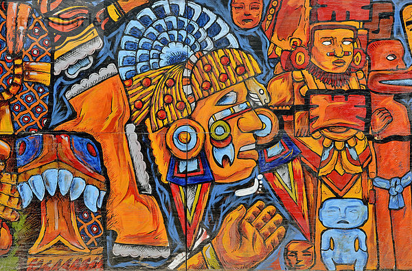 Masken  Graffiti-Malerei an einem Bauzaun  Mexiko-Stadt  Mexiko  Nordamerika