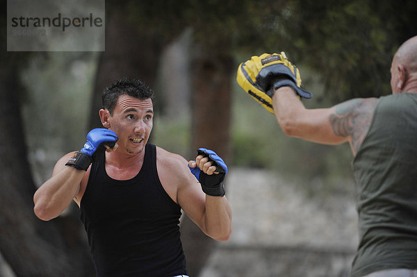 Zwei Männer trainieren Kampfsport in einem Park