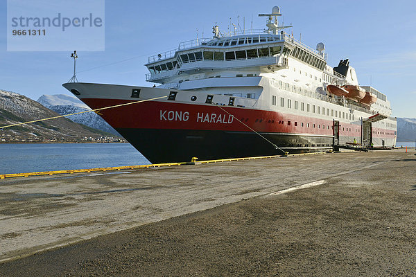 Hurtigruten-Schiff Kong Harald am Schiffsanleger  Sortland  Insel Langøya  Nordland  Vesterålen  Norwegen  Europa