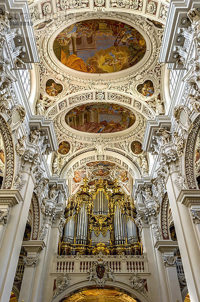 Orgel  Stuckierung und Fresken im Mittelschiff  barocker Dom St. Stephan  auch Stephansdom  Passau  Niederbayern  Bayern  Deutschland  Europa