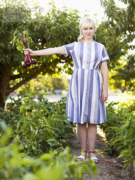 Frau arbeiten Gemüse Garten Kleidung Streifen Kleid