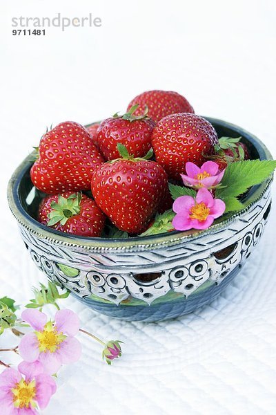 Erdbeeren & Erdbeerblüten in Silberschale