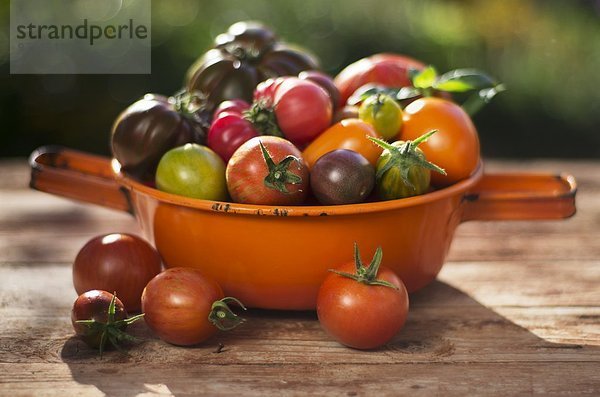 Verschiedene Tomatensorten in orangefarbenem Emaillesieb auf Holzuntergrund