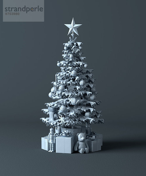 Plastik-Weihnachtsbaum mit Dekoration und Geschenken