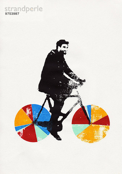 Geschäftsmann fährt Fahrrad mit bunten Tortendiagramm-Rädern