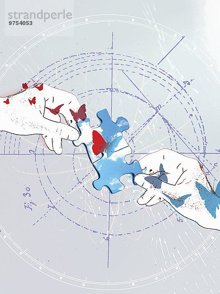 Zwei Hände verbinden zwei Puzzleteile zu blauem und rotem Schmetterling