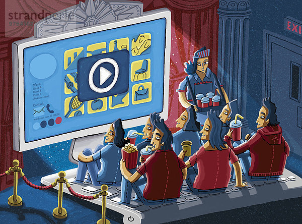 Publikum genießt ein unterhaltendes Video auf einer Webseite in Form eines Kinos