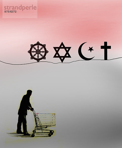 Mann mit Einkaufswagen sucht sich eine Religion aus