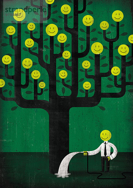 Smileys wachsen auf Bäumen bewässert von einem Smiley-Geschäftsmann
