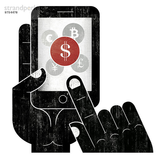 Hand wählt ein Dollarsymbol auf dem Display eines Smartphones