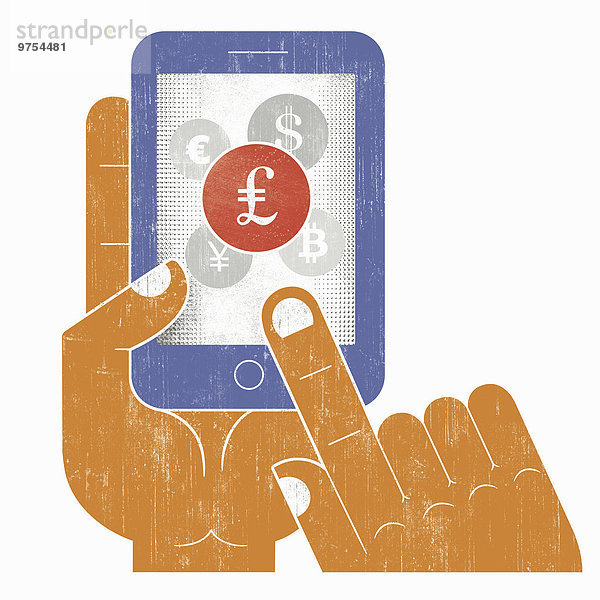 Hand wählt ein Pfundsymbol auf dem Display eines Smartphones
