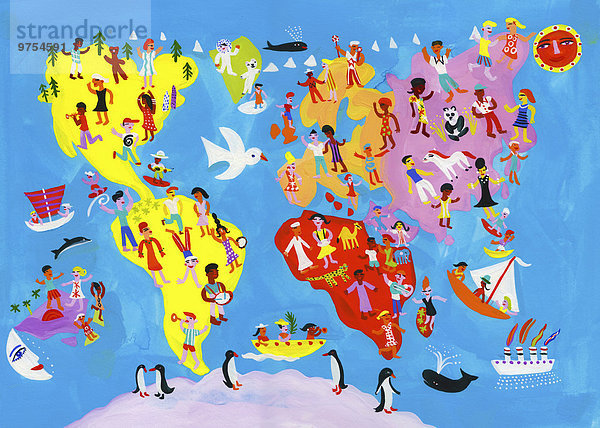 Illustrierte Weltkarte mit fröhlichen Menschen