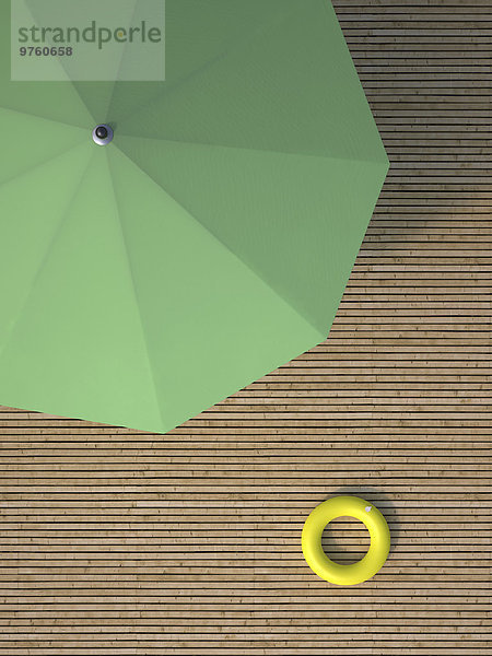 Grüner Sonnenschirm und gelber schwimmender Reifen auf Holzterrasse  3D-Rendering