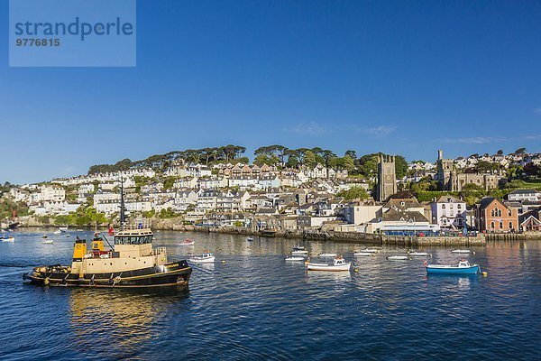 Hafen Europa Morgen Großbritannien Beleuchtung Licht klein Boot Anker früh Cornwall England