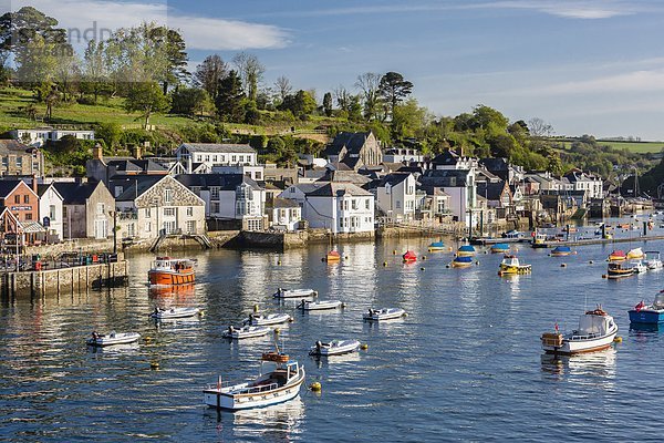 Hafen Europa Morgen Großbritannien Beleuchtung Licht klein Boot Anker früh Cornwall England