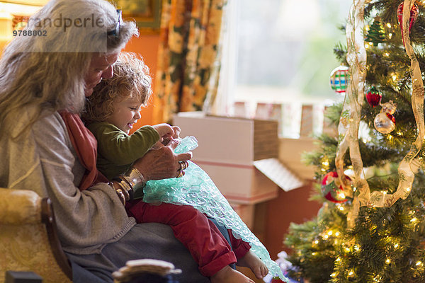 Geburtstagsgeschenk nahe aufmachen Europäer Weihnachtsbaum Tannenbaum Großmutter Enkelsohn