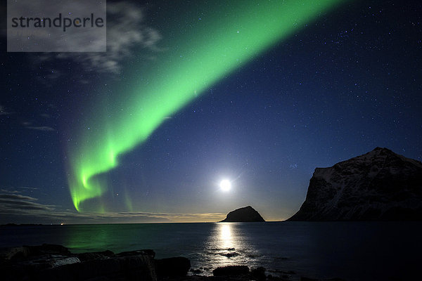 Nordlicht am Strand von Haukland  Lofoten  Norwegen  Europa