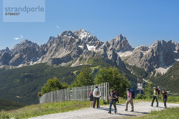 Wanderer am Aussichtsberg Helm  Sextener Dolomiten mit Sextener Rotwand  Elfer und Zwölfer  Monte Elmo  Südtirol  Italien  Europa
