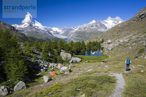 Wanderer und Wild-Camper am Grindjisee  dahinter Matterhorn  Zermatt  Wallis  Schweiz  Europa