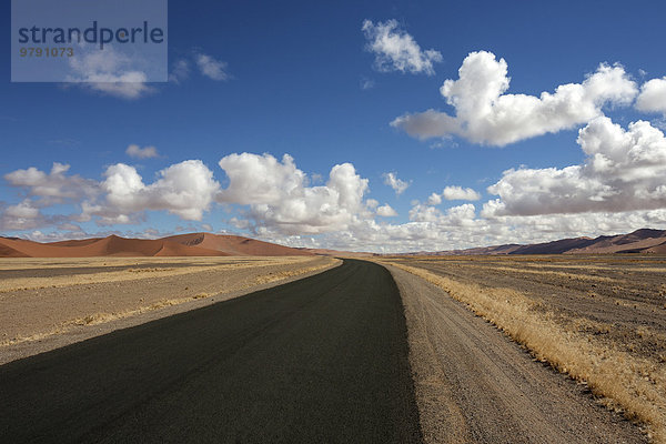Straße ins Sossusvlei  hinten Sanddünen der Namib-Wüste  Namib-Naukluft-Park  Namibia  Afrika