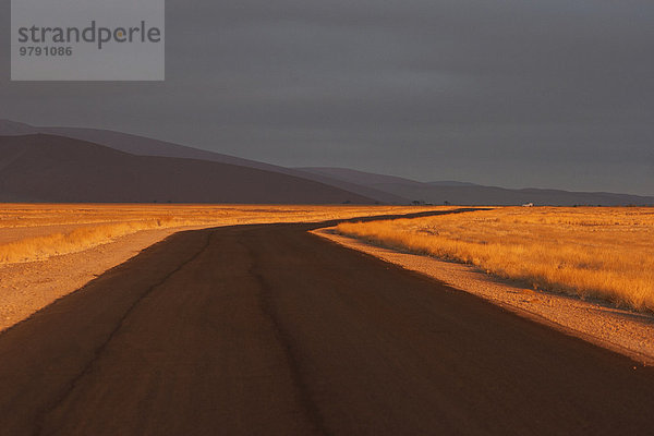 Straße ins Sossusvlei im ersten Morgenlicht  dunkle Wolken  Sossusvlei  Namib-Wüste  Namib-Naukluft-Park  Namibia  Afrika